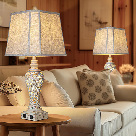 27'' High Vintage Table Lamp Set of 2 for Living Room Farmhouse Bedside Lamp with Fabric Shades Boho Nightstand Lamp with USB and Nightlight for Bedroom Home Office Hotel Bar (Led Bulb Included)