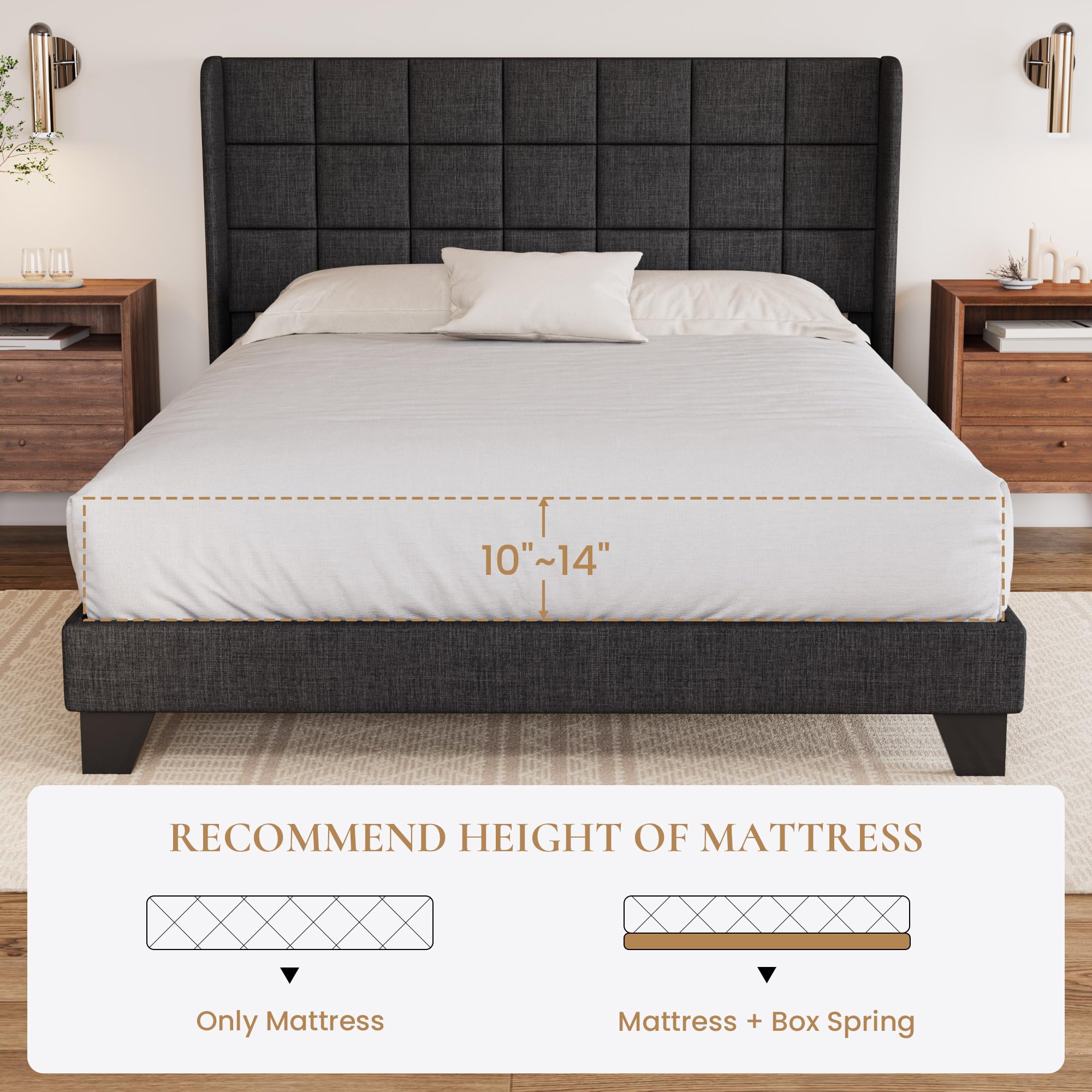 Queen Upholstered Bed Frame with Square Tufted Headboard and 5.5" Wingback