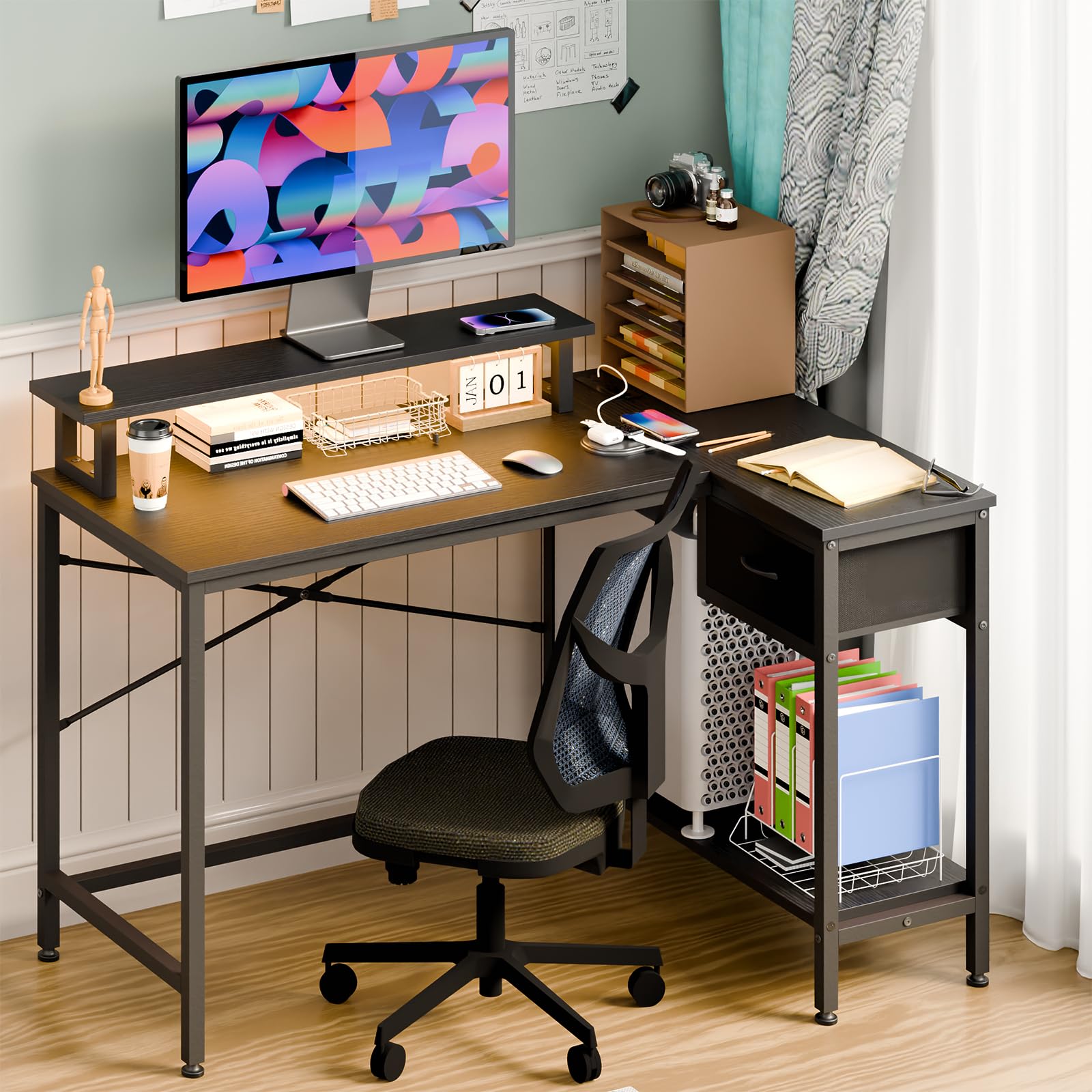 L Shaped Gaming Desk with Power Outlets and LED Lights, 43 Inch Computer Desk with Charging Port, Small Corner Desk Table with Drawer and Shelf, Home Office Desk with Monitor Stand, Black