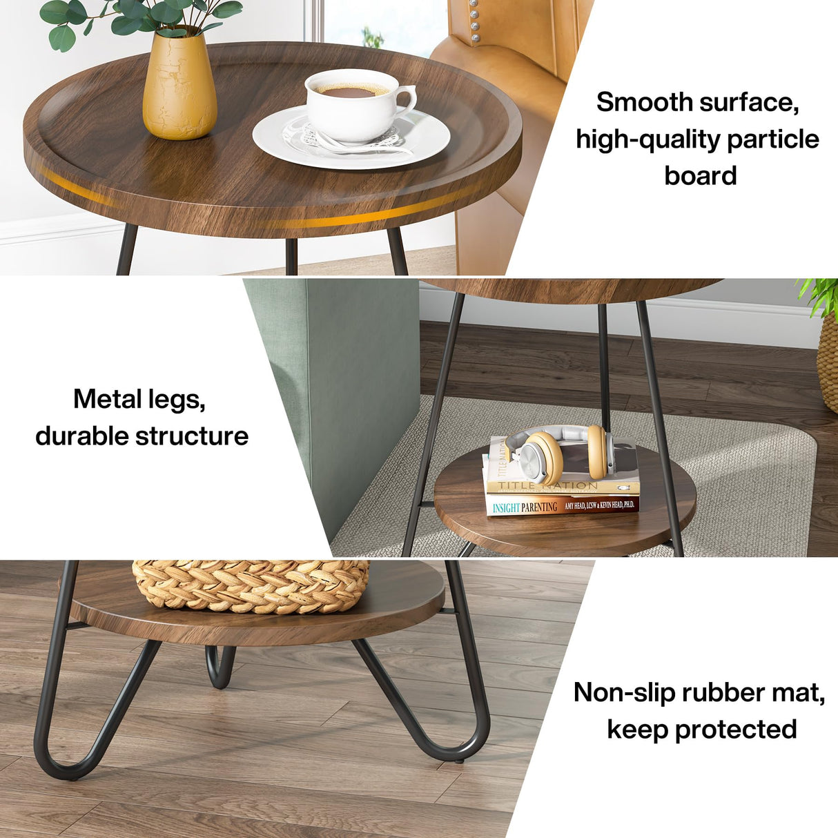 Set of 2 Round Side Table, 2-Tier End Table with Metal Legs, Modern Industrial Beside Table