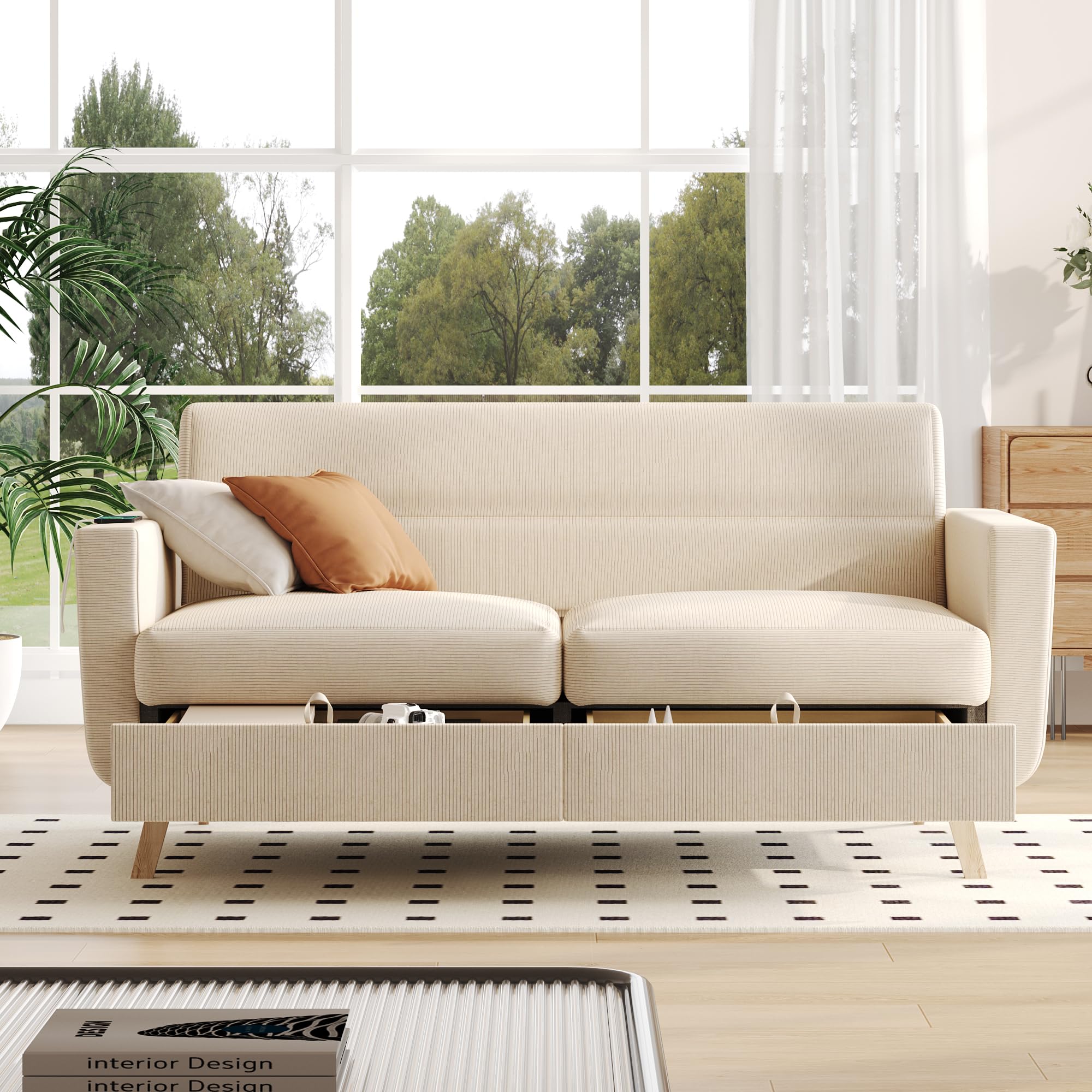 65” Loveseat Sofa with 2 Drawers, USB & Type-C Charging Port, Comfy Corduroy Living