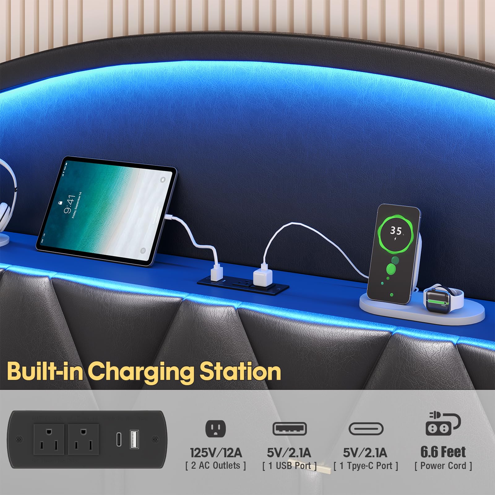 Queen Bed Frame with Storage Headboard and 6 Drawers