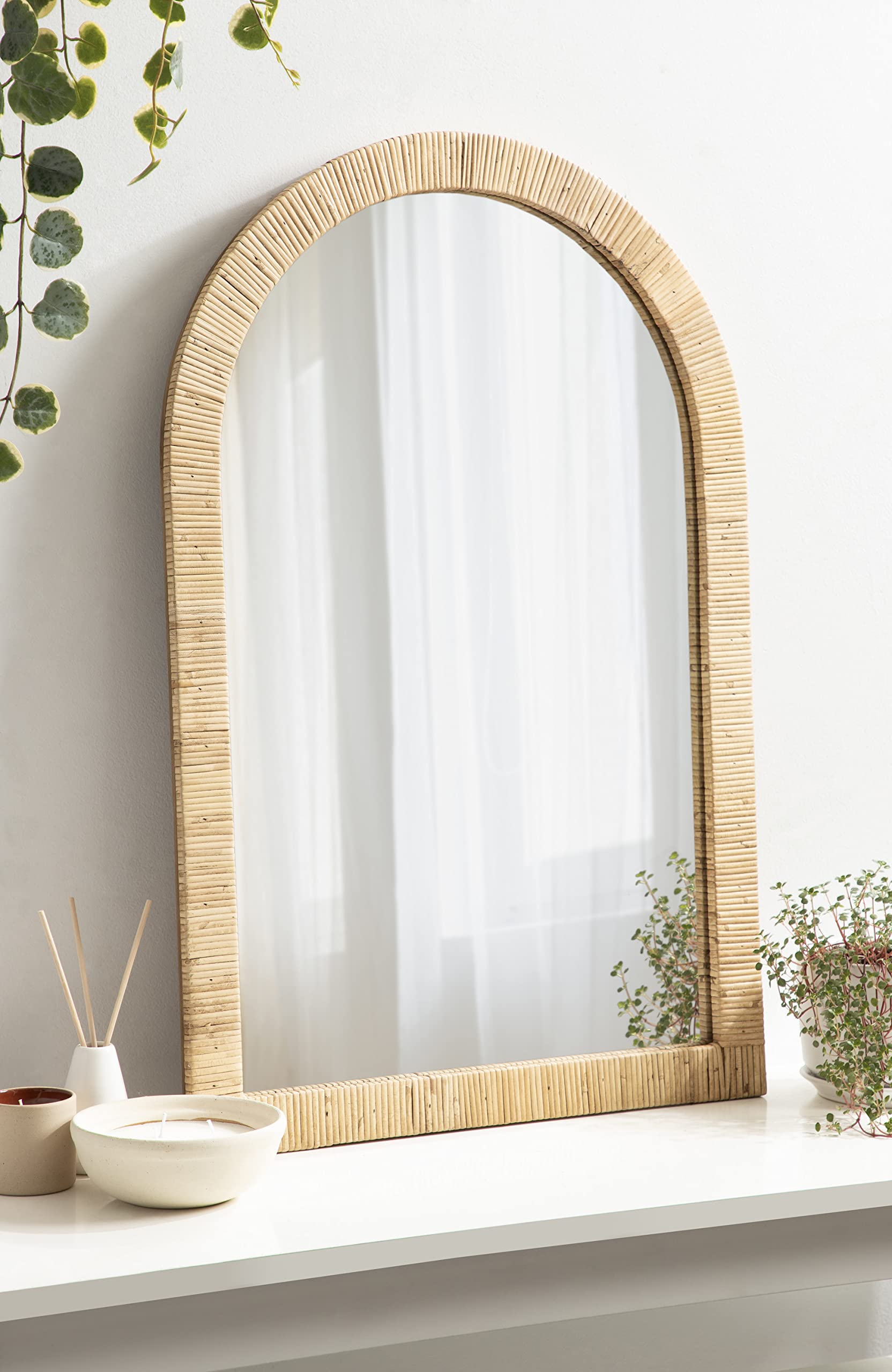 Rahfy Boho Arch Rattan Mirror, Natural Wood, Decorative Wooden Mirror