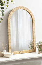 Rahfy Boho Arch Rattan Mirror, Natural Wood, Decorative Wooden Mirror