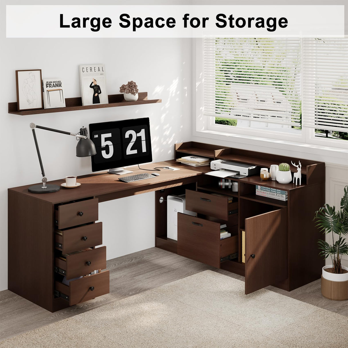 L Shape Desk - Executive desk with Drawers and Cabinet Storage, Charging Station