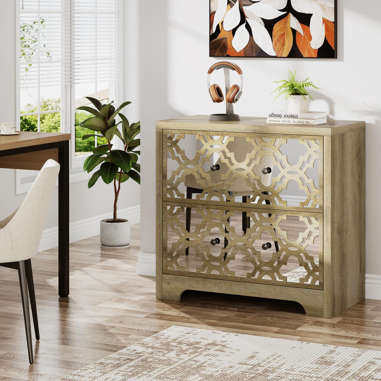 Rustic-Modern File Cabinet for Home Office, 2-Drawer File Cabinet with Mirrored Finish