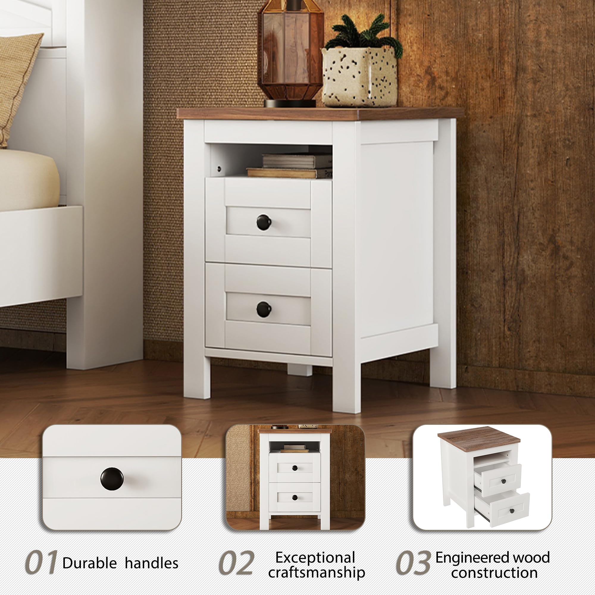 3-Pieces Bedroom Sets, Farmhouse Platform Bed, Storage Nightstand