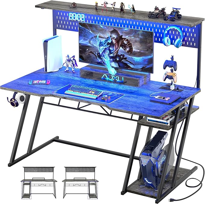 Gaming Computer Desk with Shelves and Outlets, Gaming Desk with Hutch and LED Lights