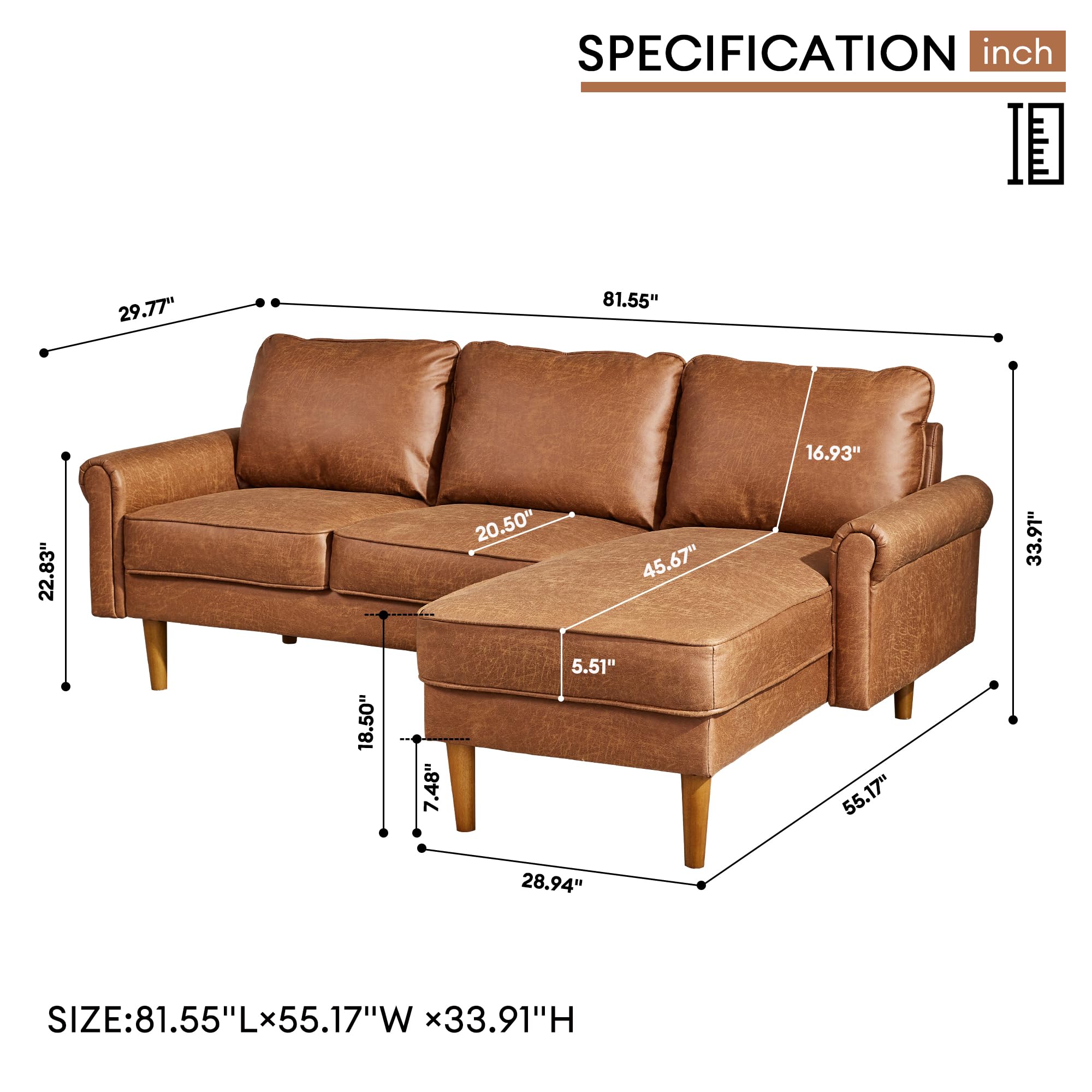 Weaxty 81.55" Sofa Couch, L Shaped Faux Leather Sectional with Chaise Suede Fabric