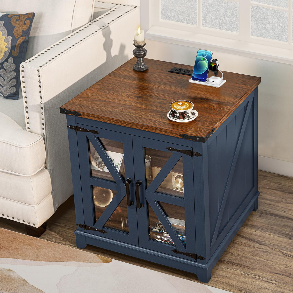 Farmhouse End Table with Charging Station, 24" Large Sofa Side Table