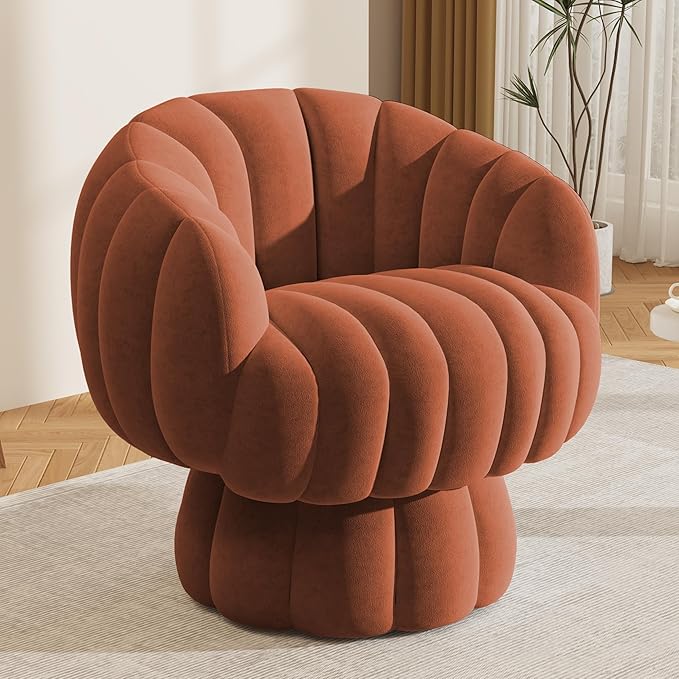 Mid Century Modern 360 Degree Barrel Swivel Accent Sofa Chair,Fluffy Velvet Fabric Lounge Wide Upholstered Pumpkin Reading Chair, Round Cloud Armchair for Living Room,Bedroom,Vanity(Black)