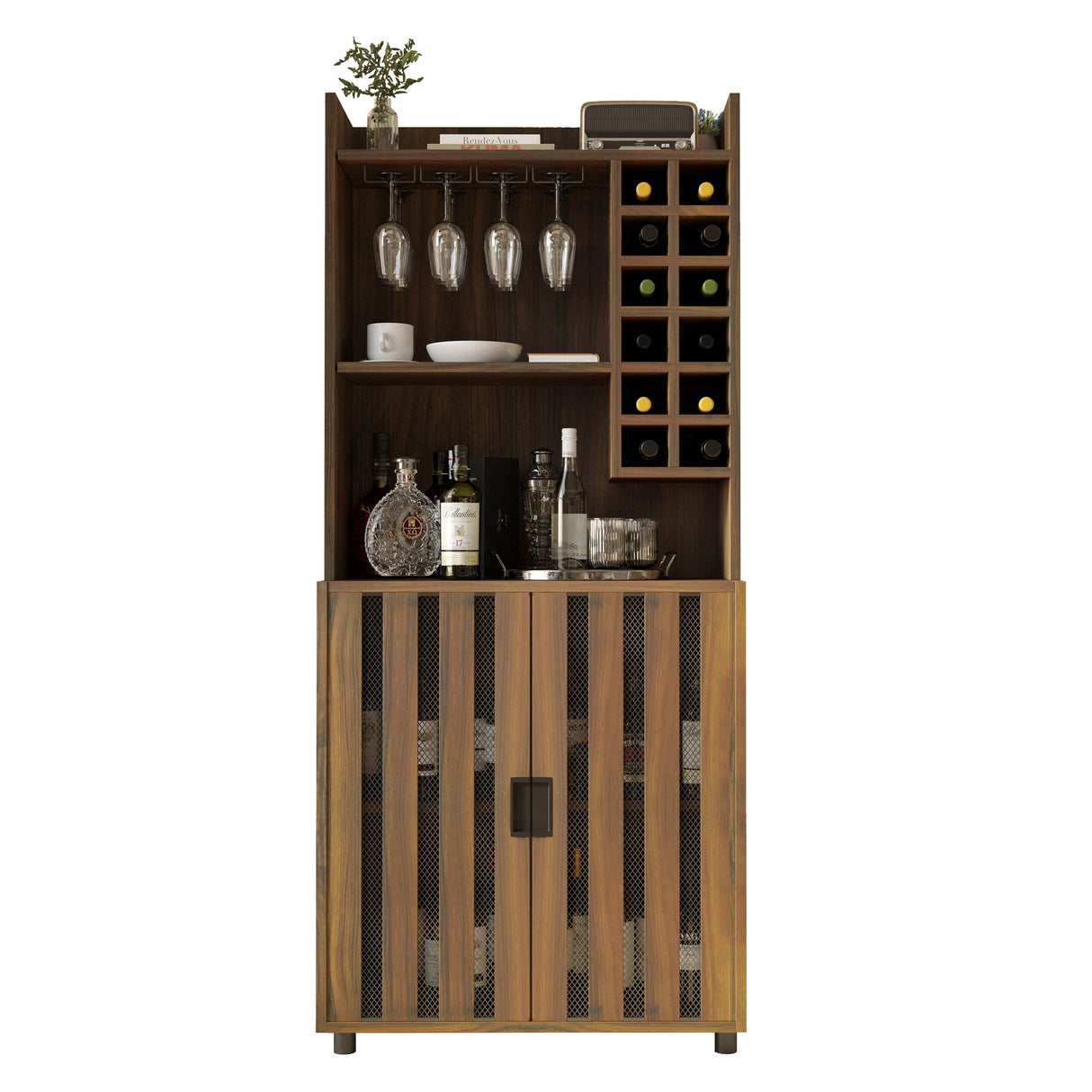 Wine Bar Cabinet for Liquor and Glasses with 12 Wine Bottle Racks