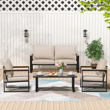 4 Pieces Outdoor Patio Furniture with Table Set, Metal Patio Conversation Sets