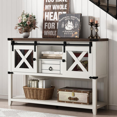 Farmhouse Entryway Table with 2 Sliding Barn Doors & Drawer, 46'' Rustic Console Table