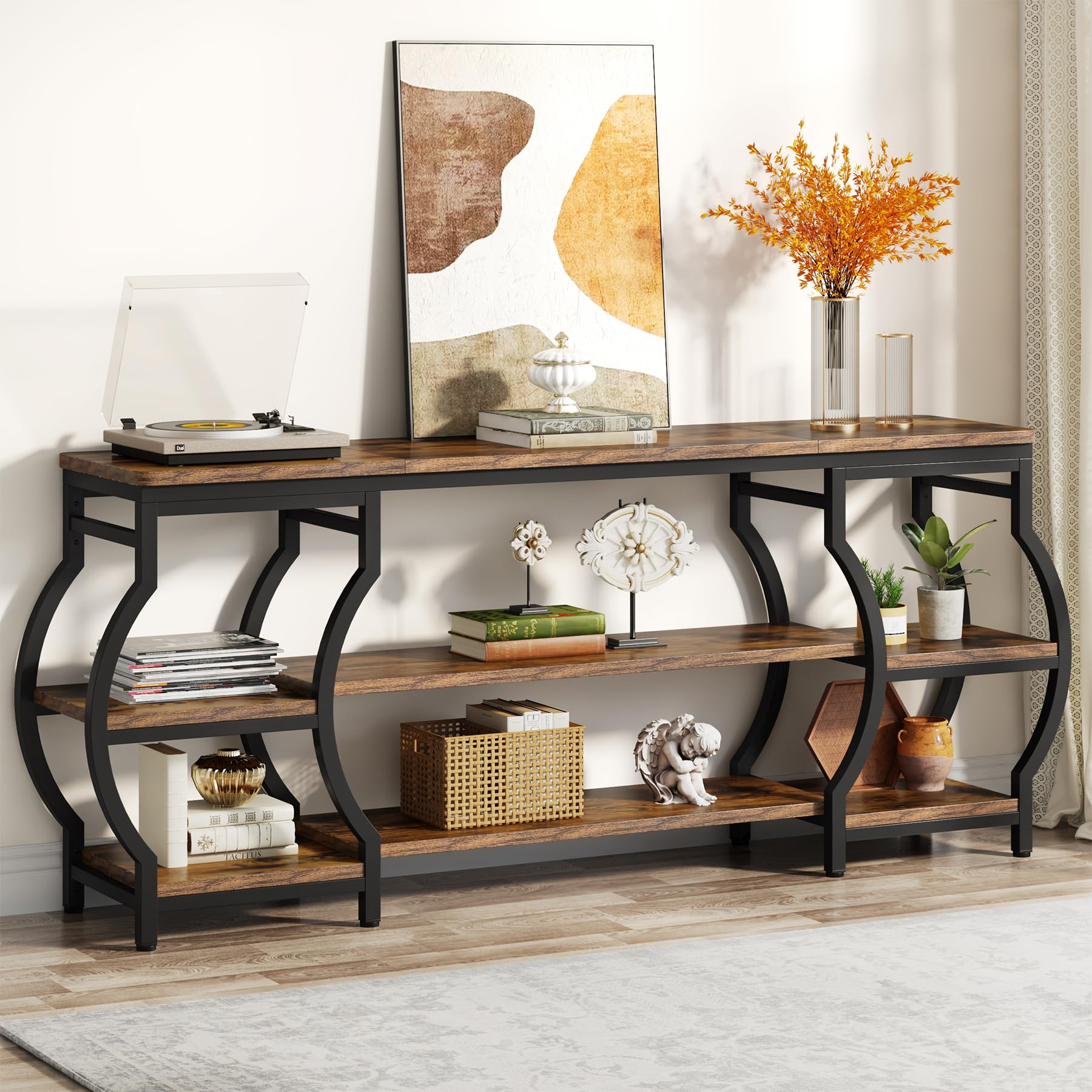 63” Long Console Table, 3 Tier Entryway Table with Storage Shelves, Industrial Sofa Table