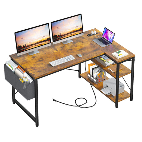 47" Computer Desk with Power Outlets,L Shaped Desk with Storage Shelves