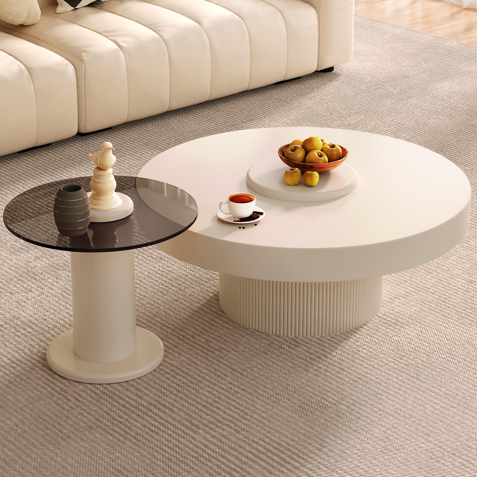 Modern Round Coffee Table Set of 2 Small End Table Tempered