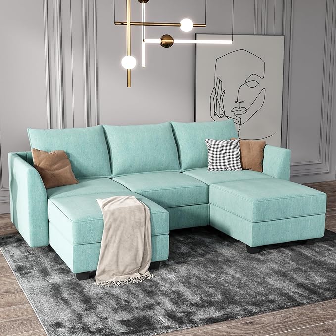 Convertible Sectional Couch Modular Sofa with Reversible Chaise Sectional Sofa Set with Storage, Aqua Blue