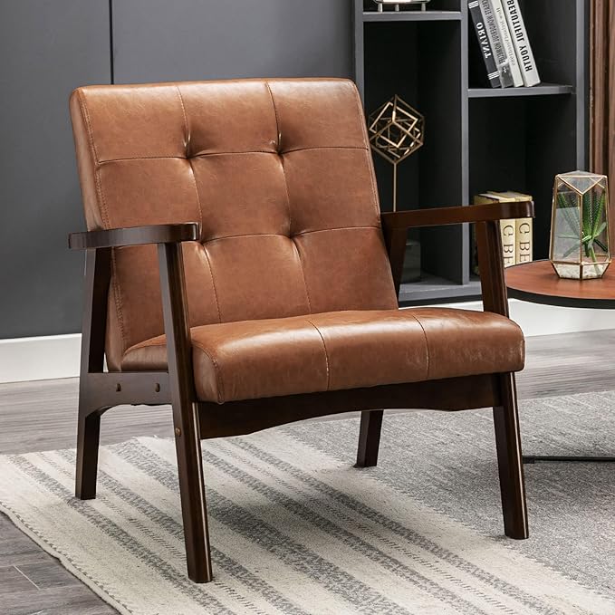 Mid Century Modern Accent Chair for Living Room, Upholstered Faux Leather Armchair