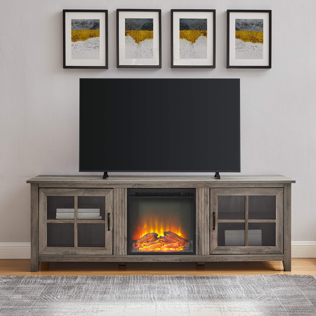 Bern Classic 2 Glass Door Fireplace TV Stand for TVs up to 80 Inches, 70 Inch, Grey Wash