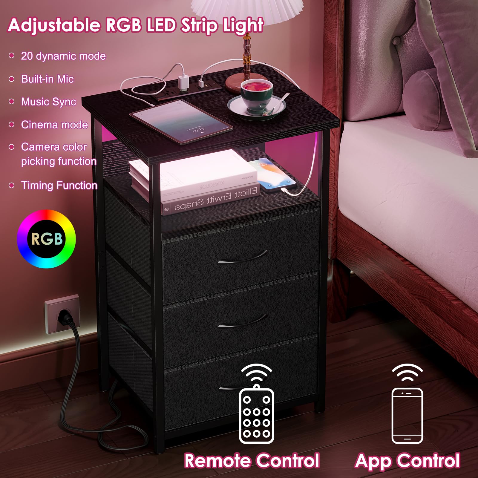Night Stand with Charging Station, LED Nightstand with USB Ports and Outlets