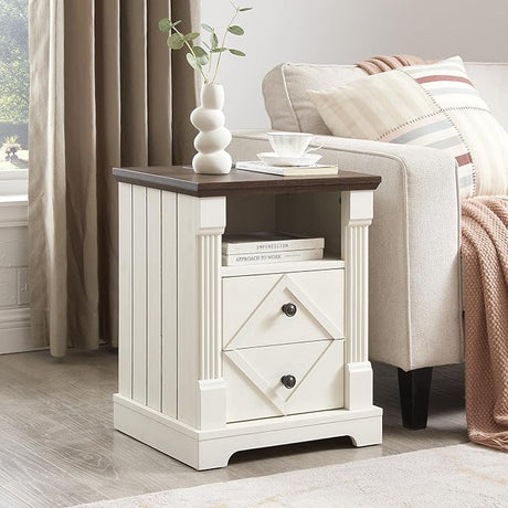 Farmhouse Nightstand with Charging Station, 18 Inch End Table with 2 Drawers Storage