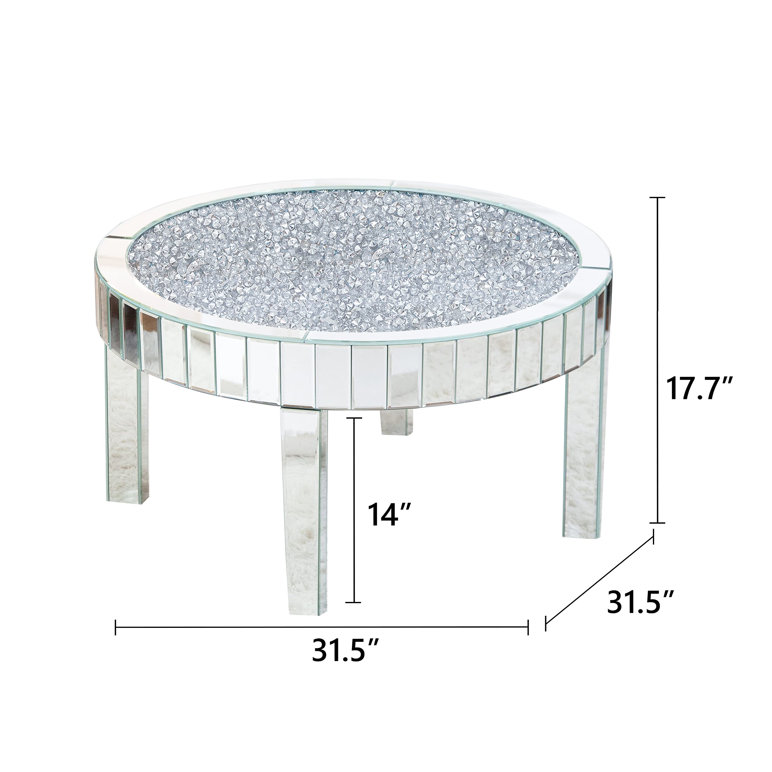 Mirrored Coffee Table with Crystal Inlay, 31.5'' Modern Round Coffee Table with Mirror Surface,