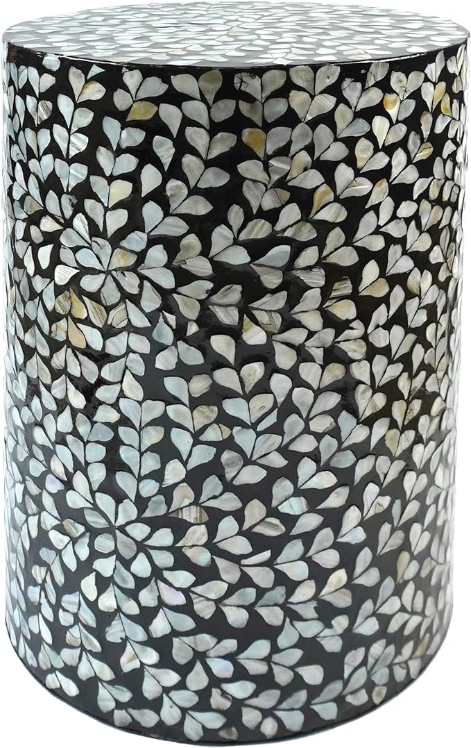 Mother of Pearl Inlaid Cylinder Drum End Table Nacre Capiz Shell Side Table Stool Drum Accent Table Coffee Bedside Side Table Round