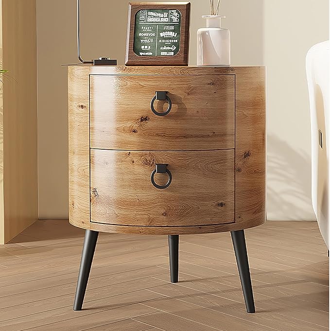 Round Side Table with Drawers Modern Night Stand with Storage Wooden Accent End Table
