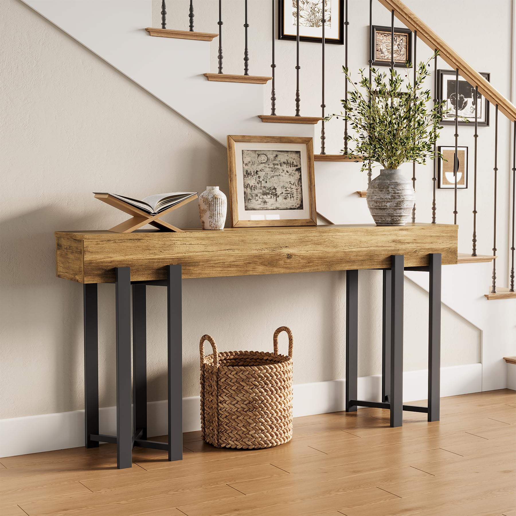 63-Inch Industrial Console Table - Rustic Brown Entryway Table