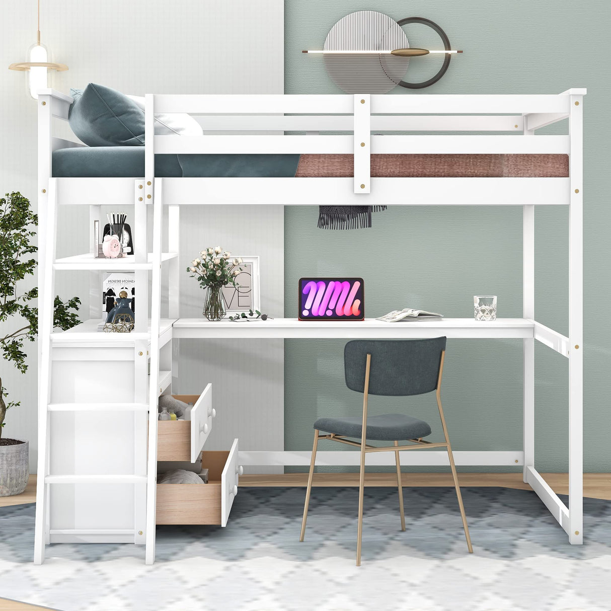 Full Size Loft Bed with Desk and Storage, Solid Wood Loft Bed Frame
