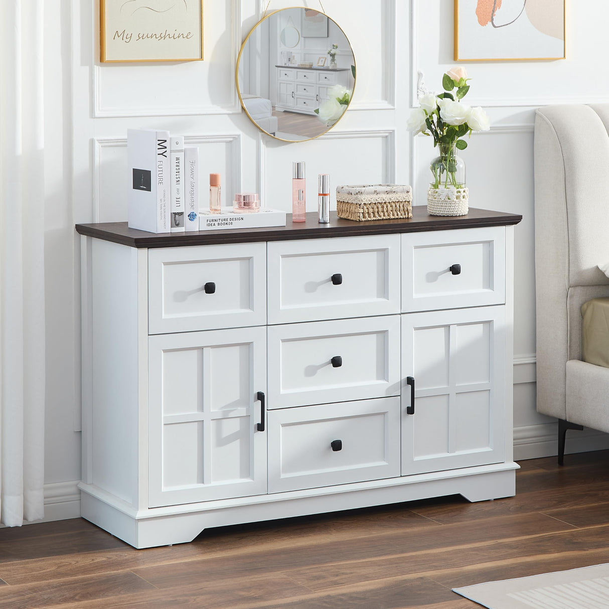 Farmhouse 5+2 White Dresser for Bedroom, Chest of Drawers for Bedroom