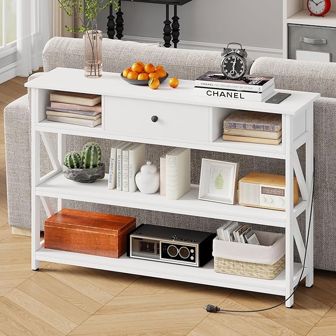 47 Inch Console Sofa Table with Drawer, Industrial Entryway Table with Storage Shelves,
