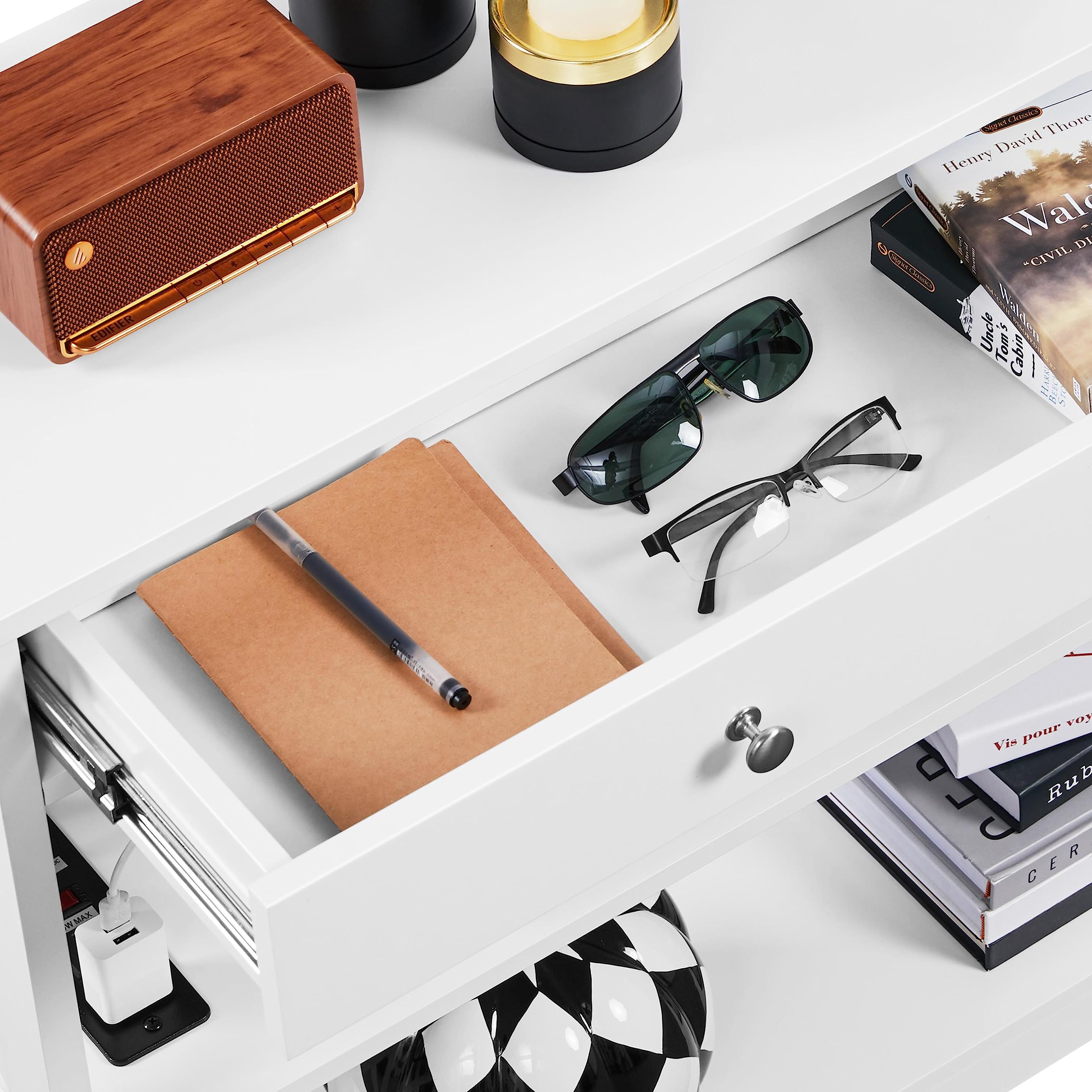 Entryway Table with Drawer, Wood Console Table with Outlets and USB Ports,