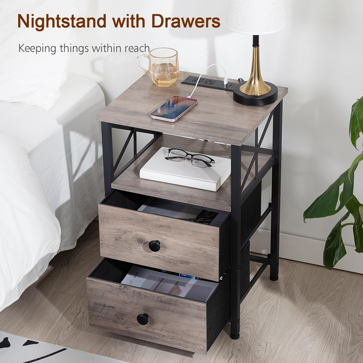 Night Stand Set 2, Nightstand with Charging Station, End Tables Living Room