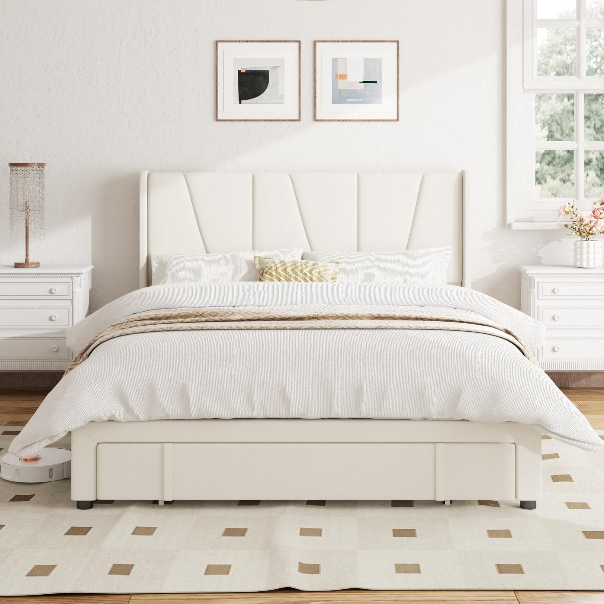 SwnftWinnt Full Bed Frame with Storage Drawers, Upholstered Platform Bed with Wingback Headboard, Solid Wooden Slats Support, Easy Assembly, No Box Spring Needed, Beige