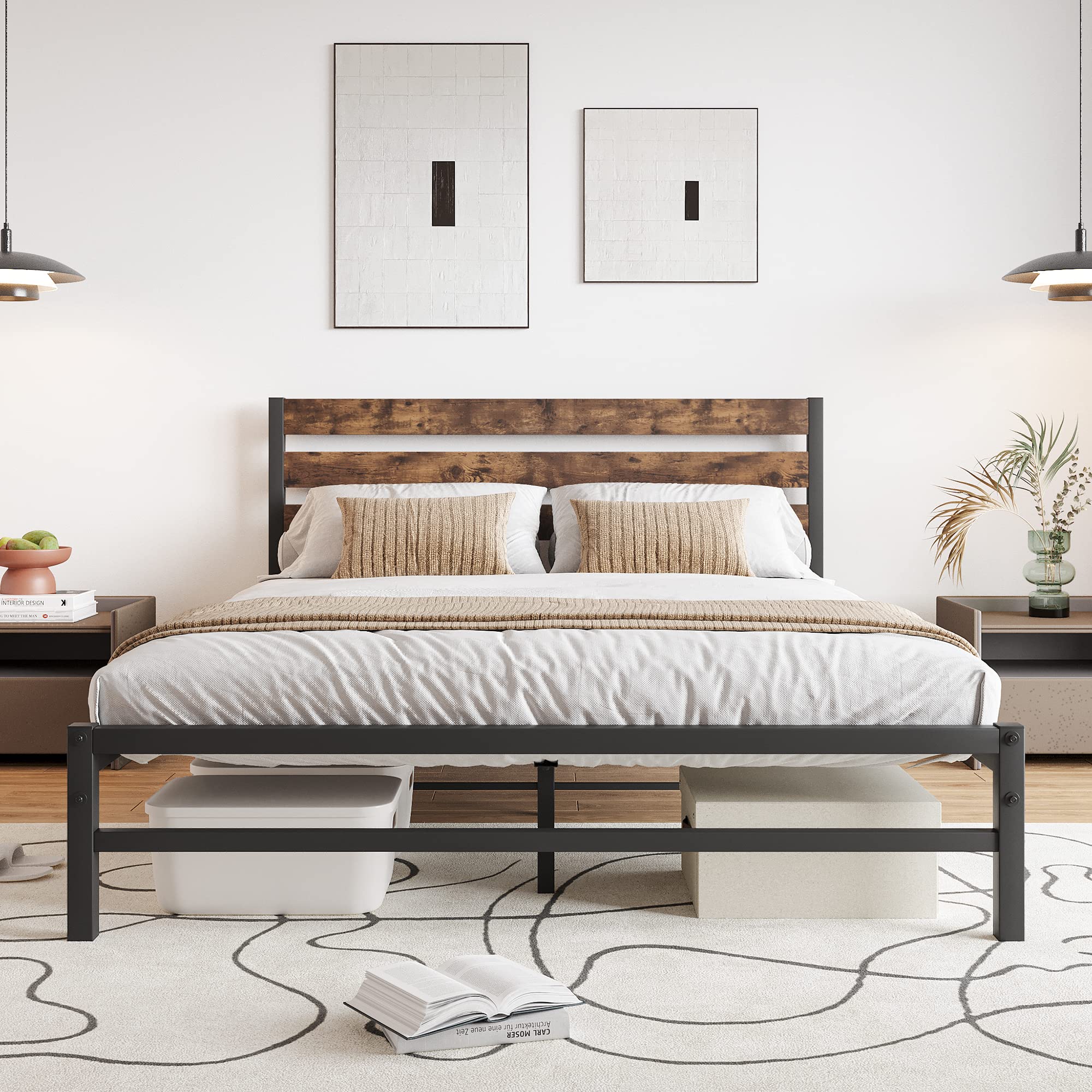 Queen Bed Frame with Vintage Wood Headboard,Mattress