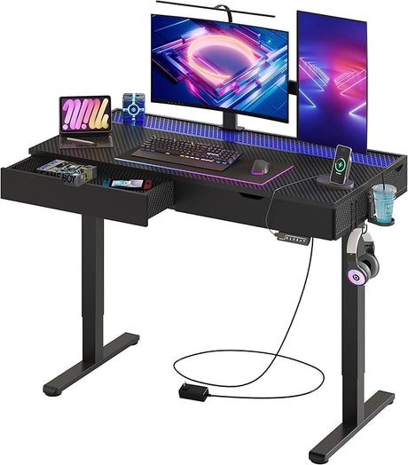 LED Electric Standing Gaming Desk with Double Drawers,47x23 Inch Standing Desk