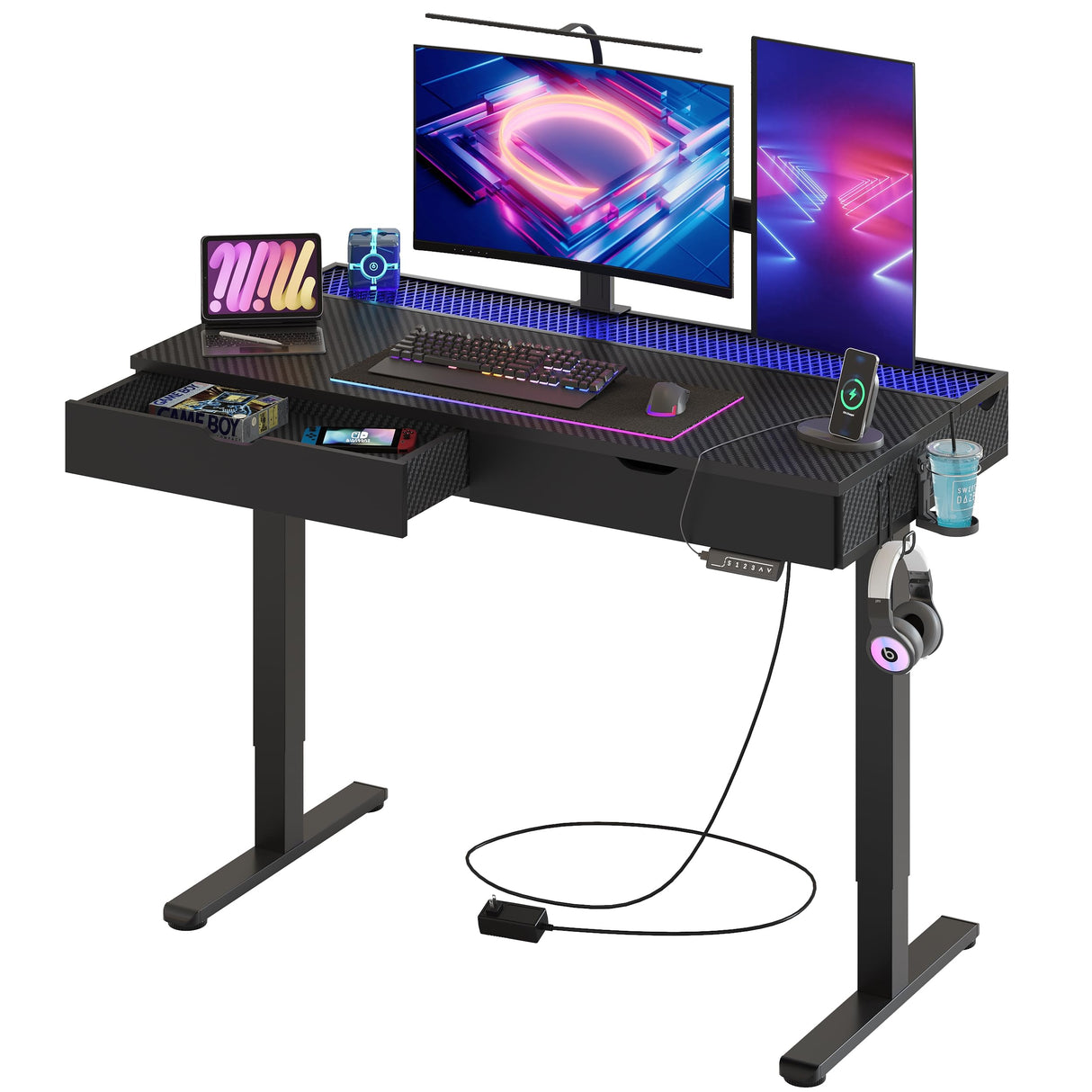 LED Electric Standing Gaming Desk with Double Drawers,47x23 Inch Standing Desk