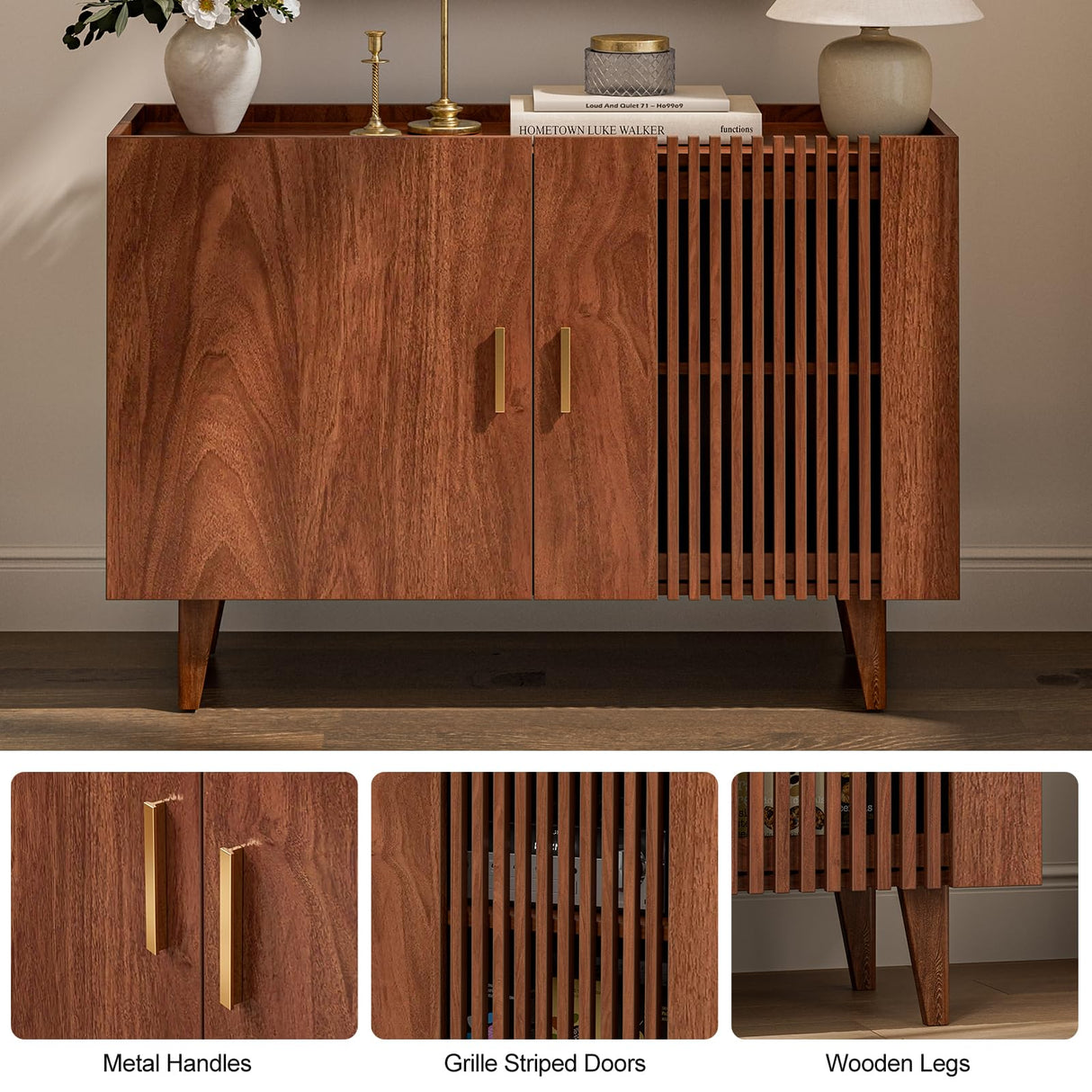 Buffet Storage Cabinet, Sideboard with Slatted Door, Gold Handles and Wood Legs