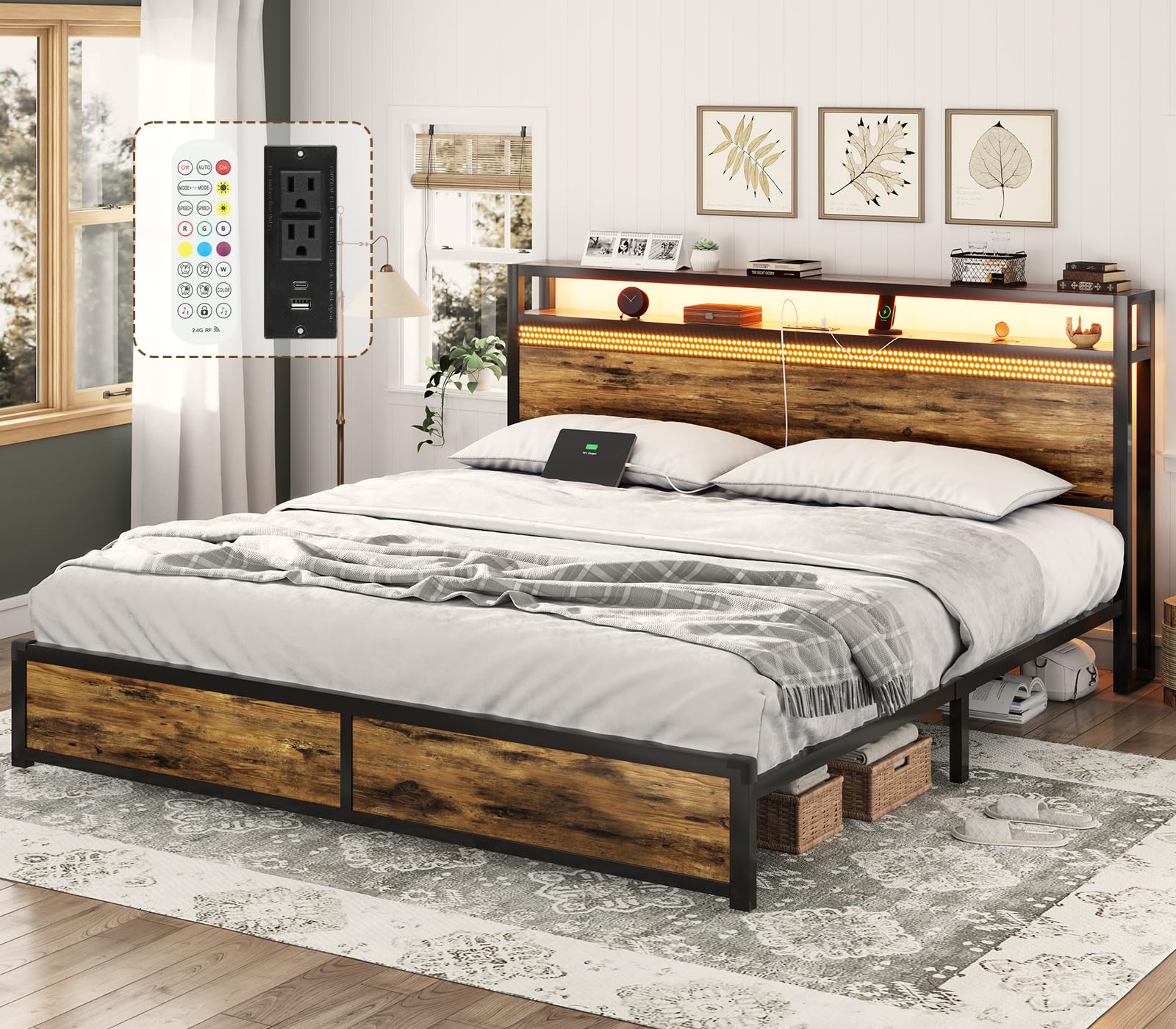 King Size Bed Frame, King bed frame with Storage Headboard with USB Ports & Charging