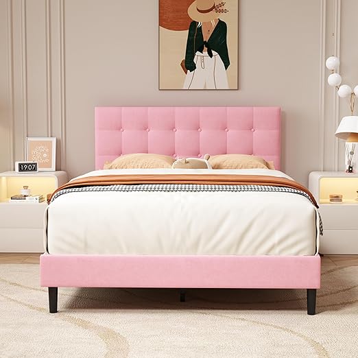 Full Size Upholstered Platform Bed Frame with Button Tufted Velvet Headboard Wood