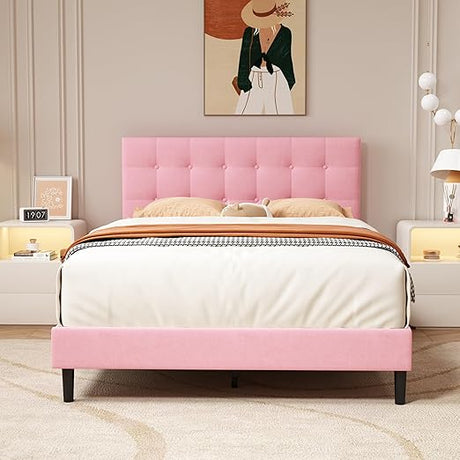 Full Size Upholstered Platform Bed Frame with Button Tufted Velvet Headboard Wood