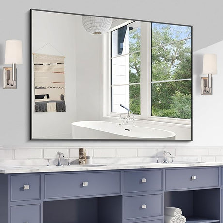 24x48 Inch Large Black Wall Mounted Mirror,Aluminum Framed Decorative Rectangular Bathroom Mirror for Wall Over Sink,