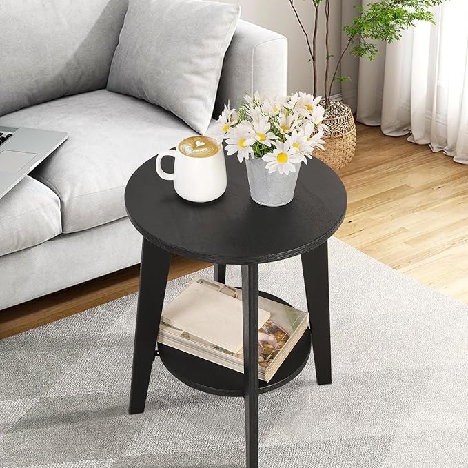 Round End Table Small Farmhouse Accent Side Table with Storage Shelf