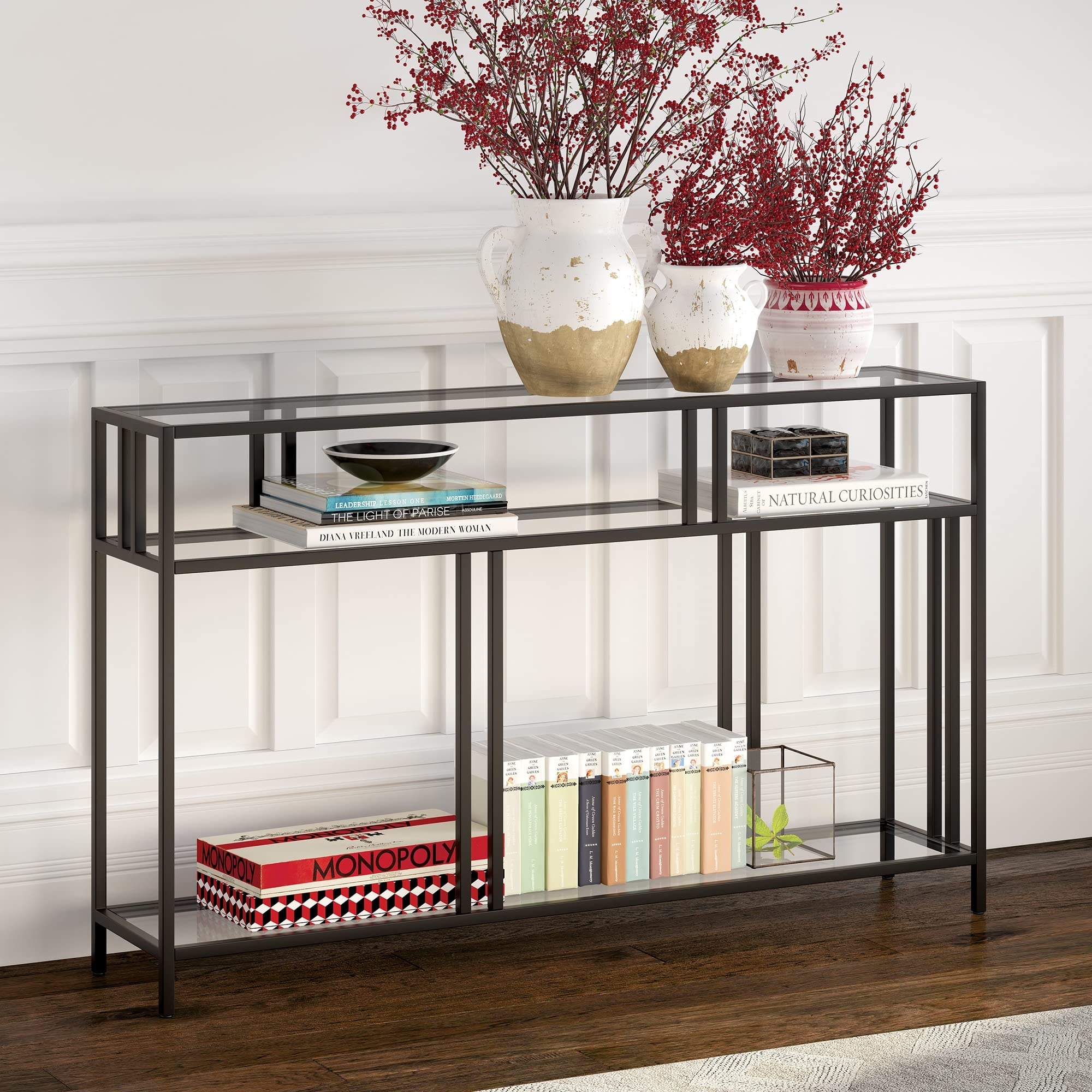 48" Wide Rectangular Console Table with Glass Shelves in Brass, Entryway Table, Accent