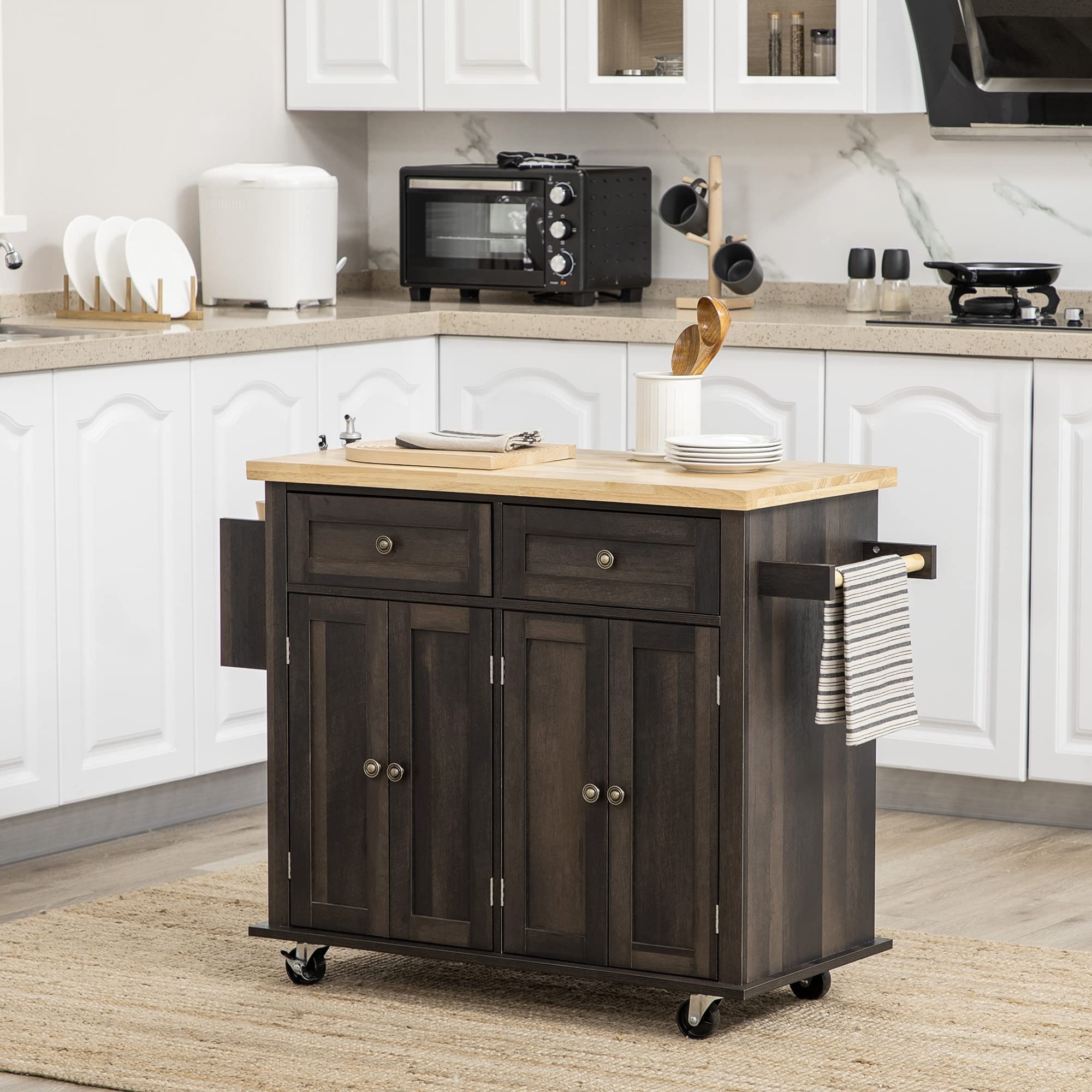 Kitchen Island on Wheels, Rolling Cart with Rubberwood Top