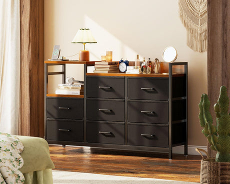 Dresser for Bedroom with Charging Station, 52" Long Dresser with 8 Storage Drawers, Large Fabric Dressers Chests of Drawers with Shelves, Black and Vintage