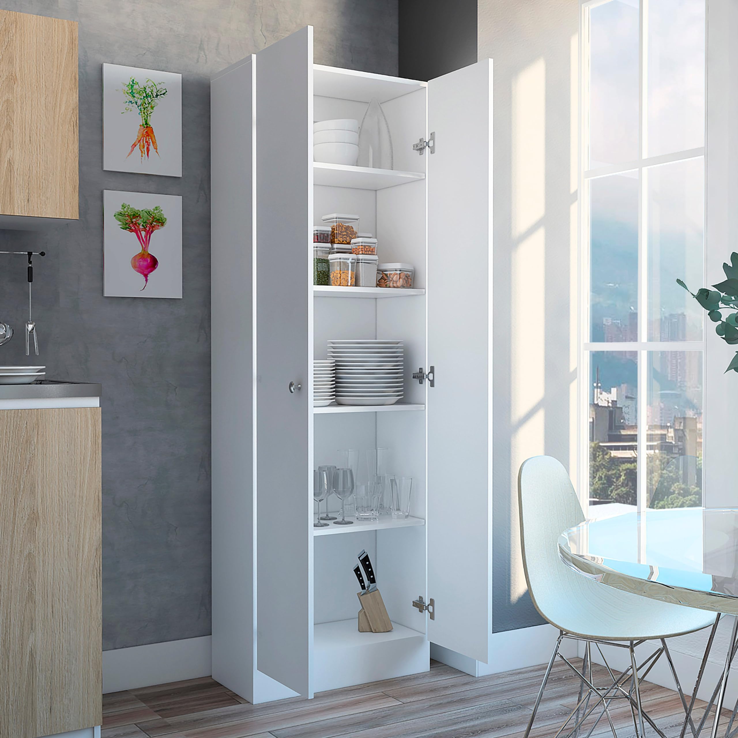 Pantry Cabinet, Five Shelves, Double Door Cabinet -White