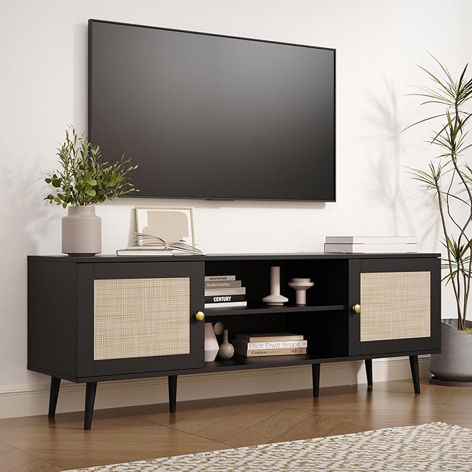 Rattan TV Stand for 55/65/70 inch TV, Boho 59" Entertainment Center with Storag